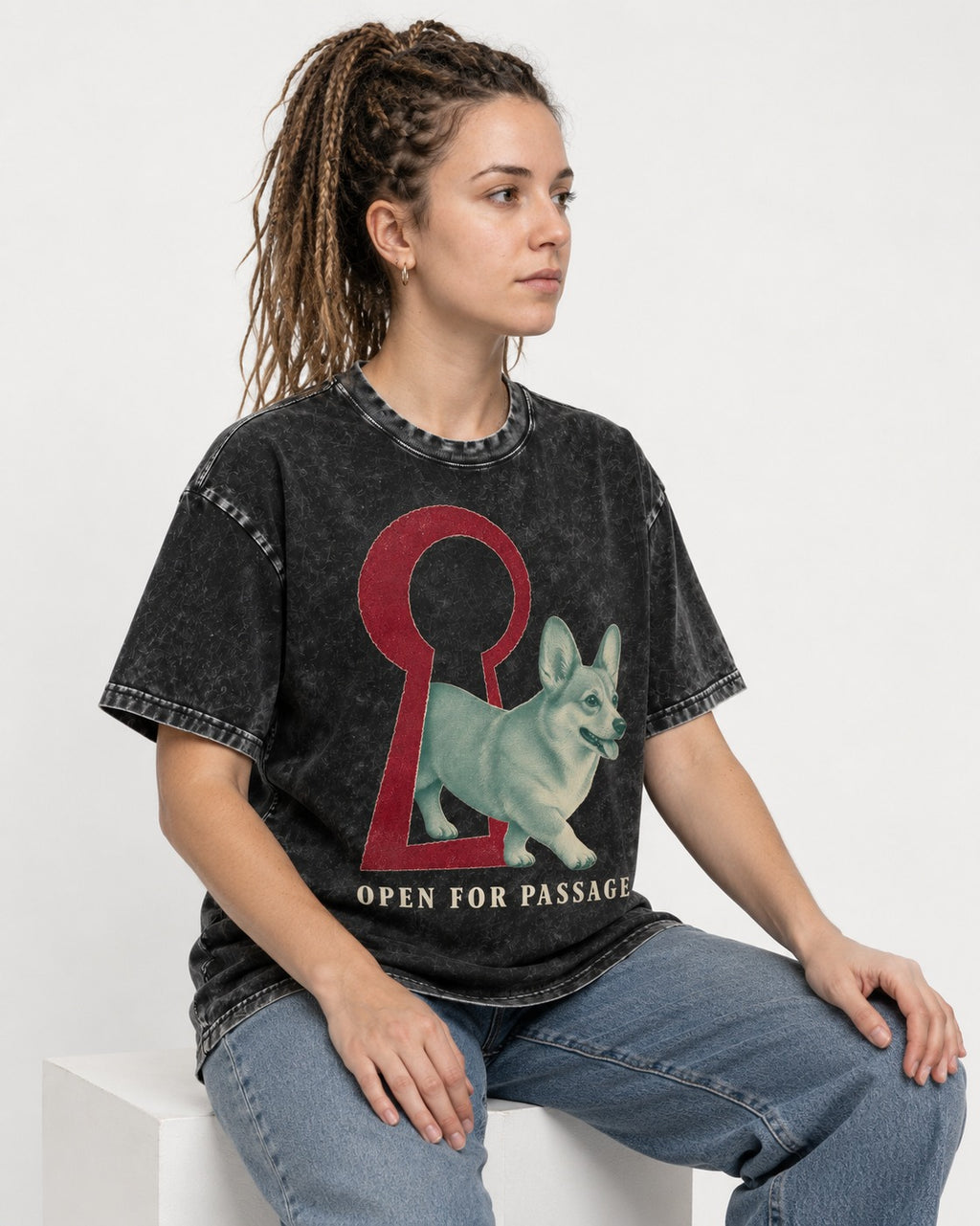 Corgi Open for Passage Keyhole Graphic Washed Tee in Black, worn by a seated model