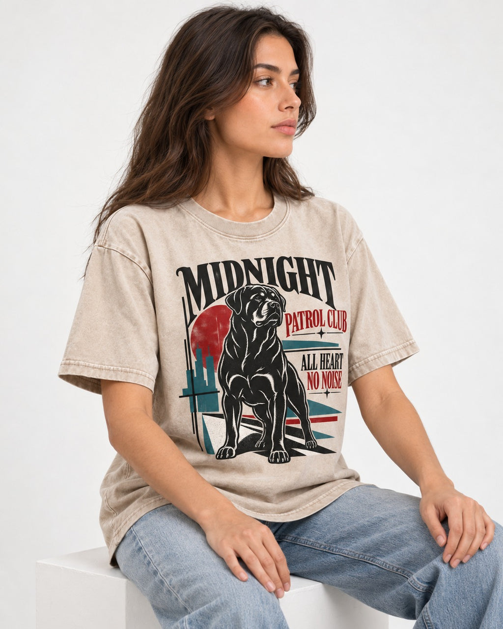 Rottweiler Midnight Patrol Club Washed Tee in Apricot, worn by a seated model
