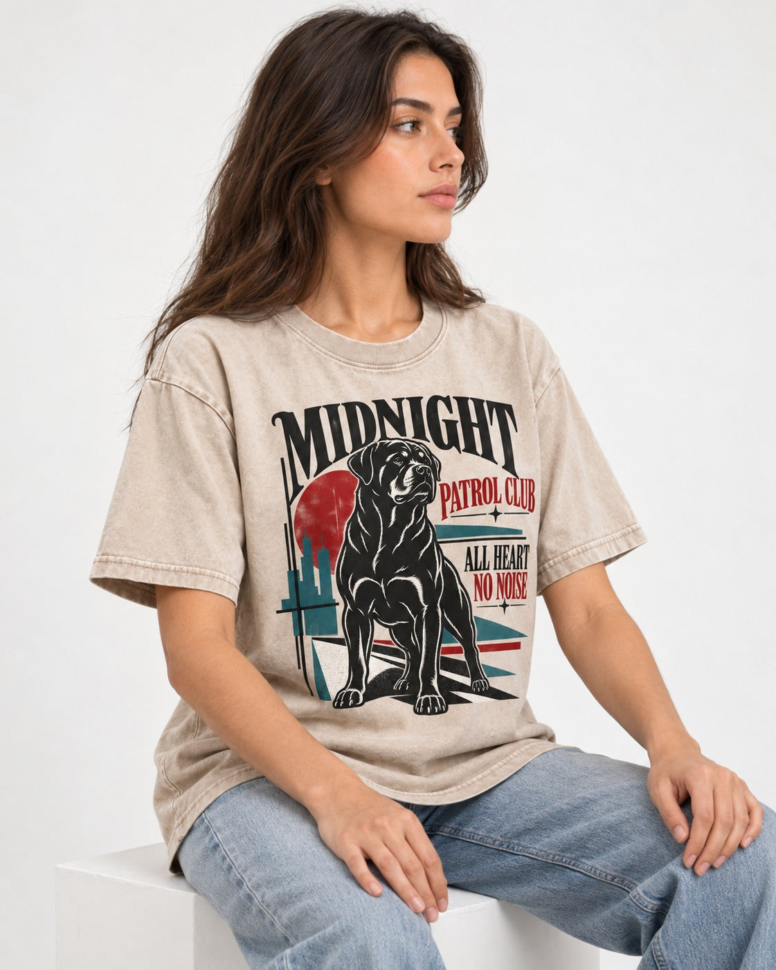 Rottweiler Midnight Patrol Club Washed Tee in Apricot, worn by a seated model