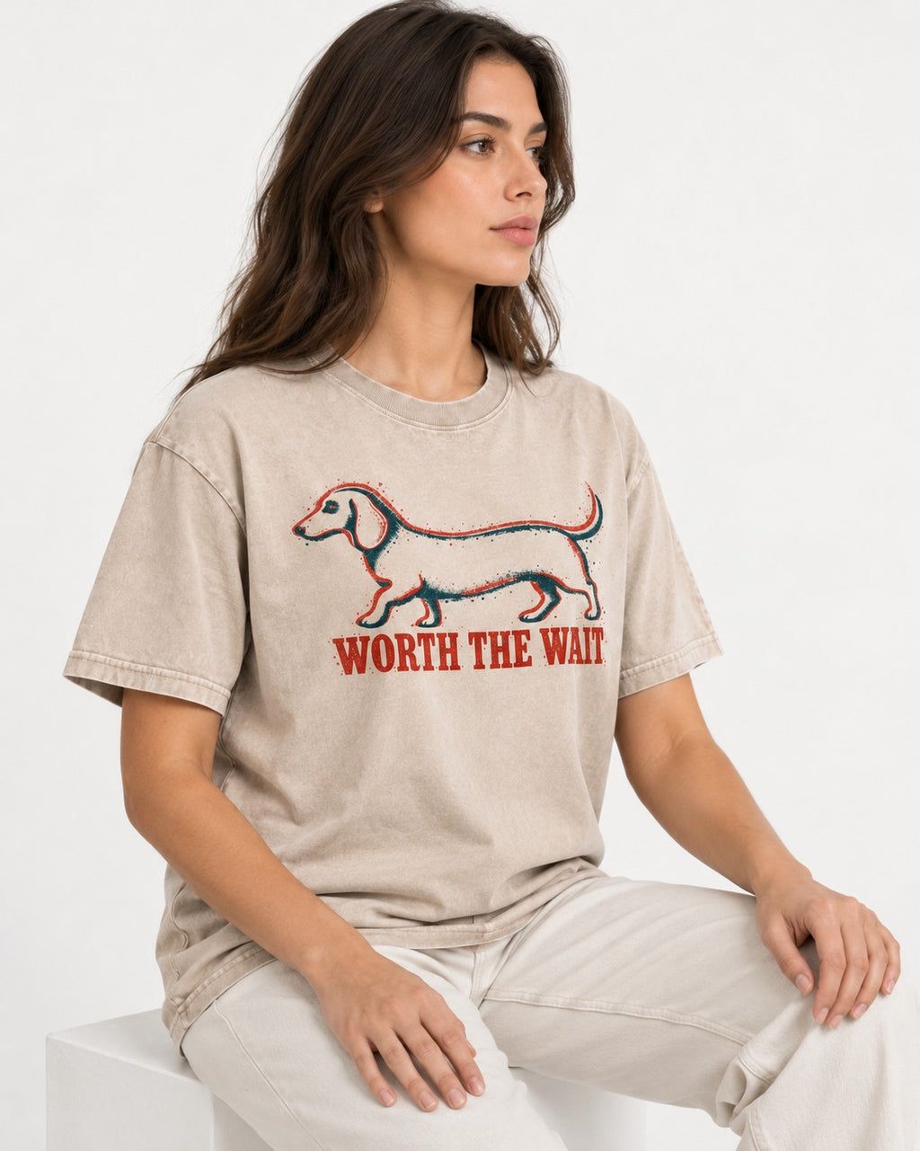 Dachshund Worth The Wait Distressed Outline Graphic Washed Tee in Apricot, worn by a seated model
