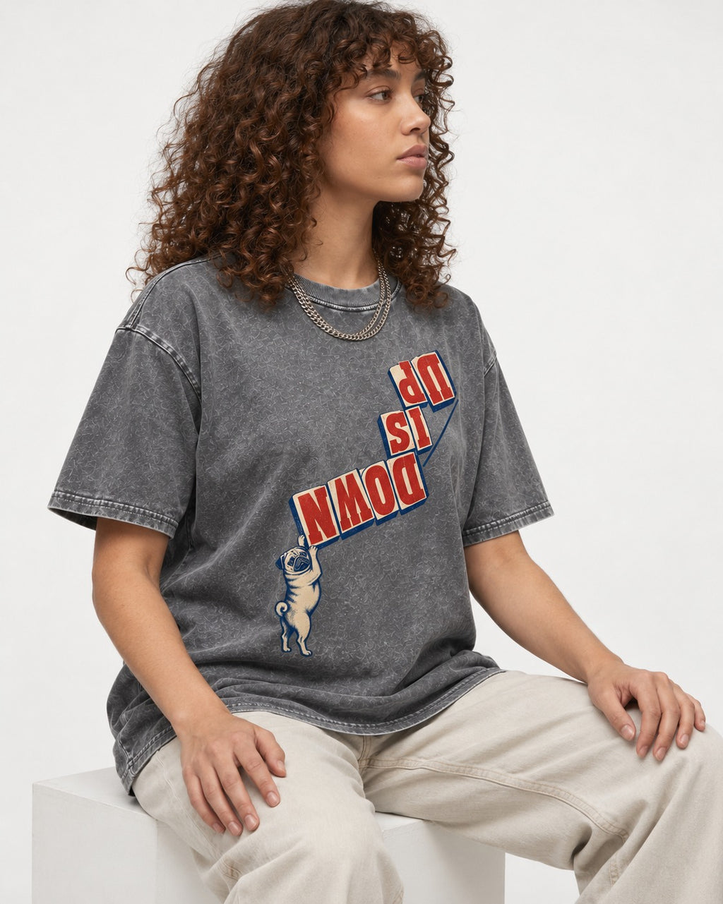 Down Is Up Pug Washed Tee in Gray, worn by a seated model