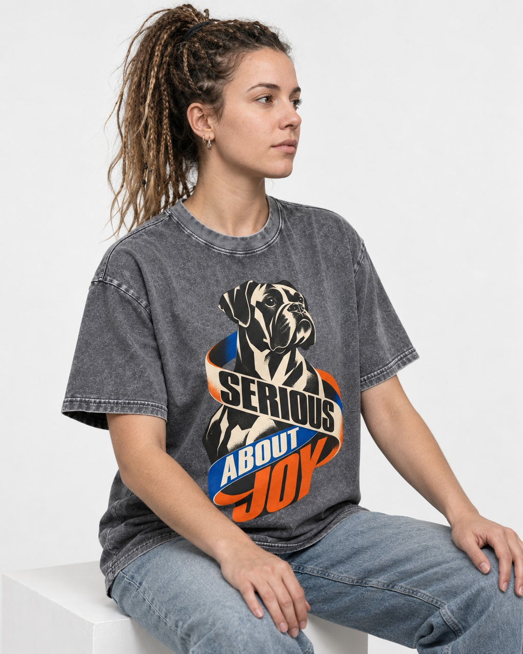 Boxer Serious About Joy Washed Tee in Gray, worn by a seated model