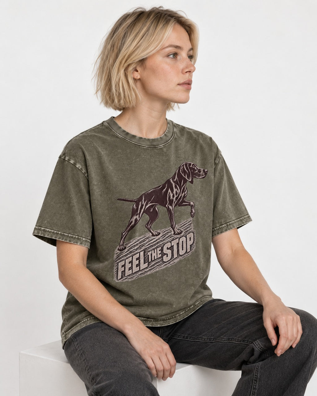 German Shorthaired Pointer Feel The Stop Frottage Graphic Washed Tee in Army Green, worn by a seated model