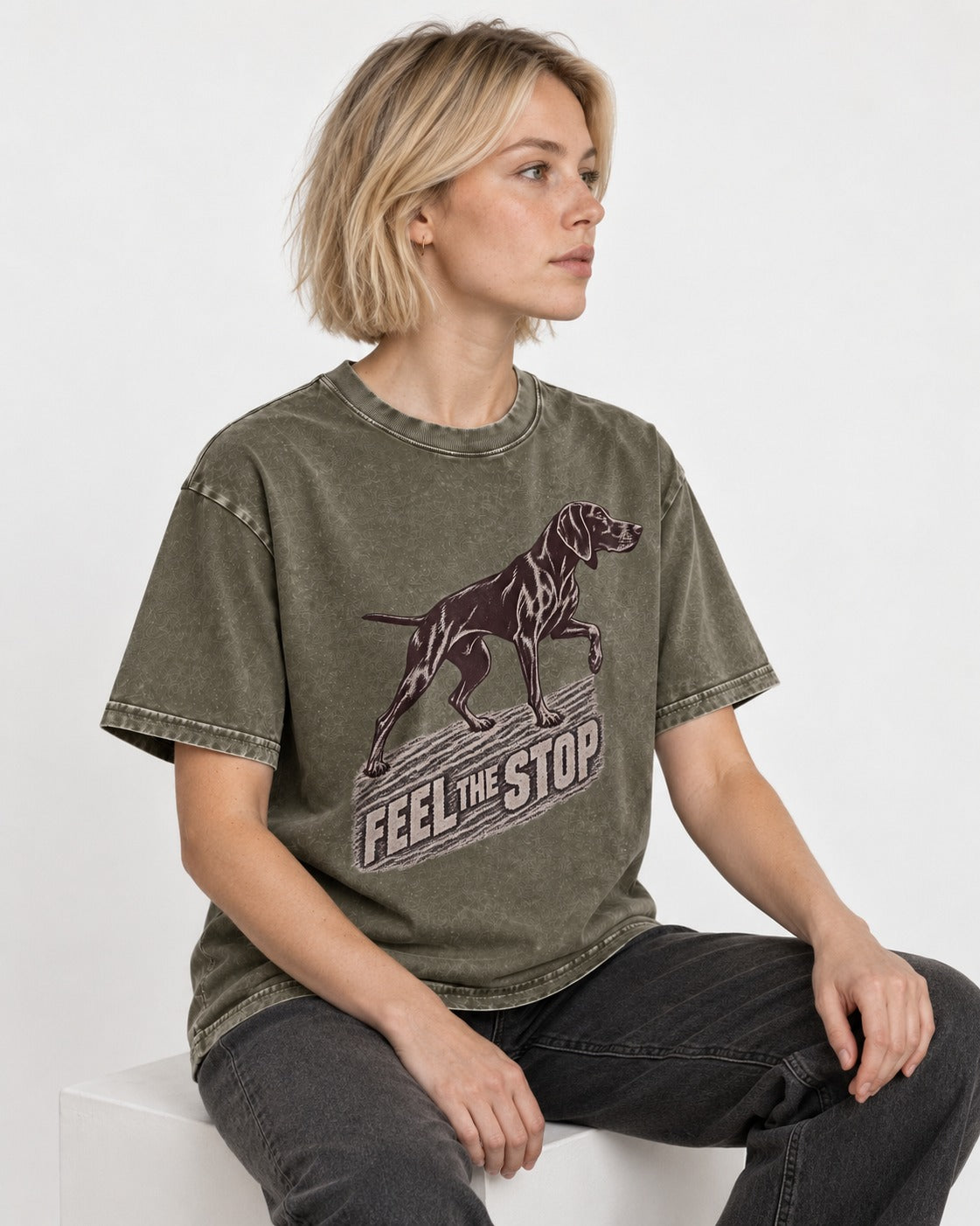 German Shorthaired Pointer Feel The Stop Frottage Graphic Washed Tee in Army Green, worn by a seated model