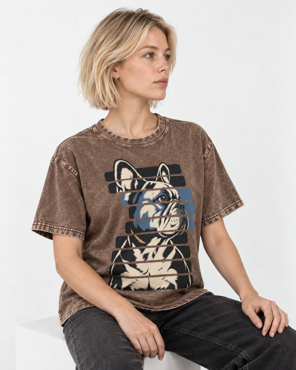 Frenchie Quiet Confidence Washed Tee in Coffee, worn by a seated model