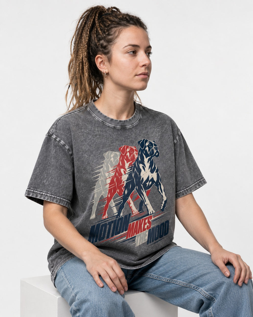 Boxer Motion Makes the Mood Washed Tee in Gray, worn by a seated model