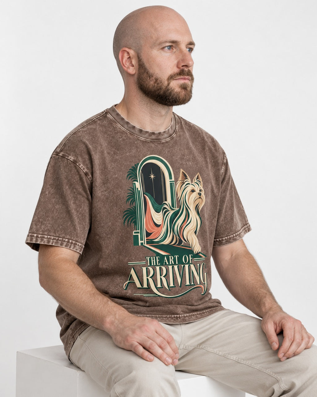 Yorkshire Terrier Arriving Washed Tee in Coffee, worn by a seated model