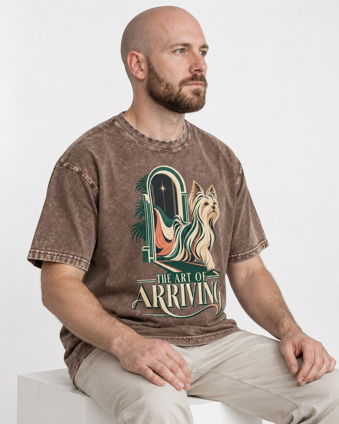 Yorkshire Terrier Arriving Washed Tee in Coffee, worn by a seated model