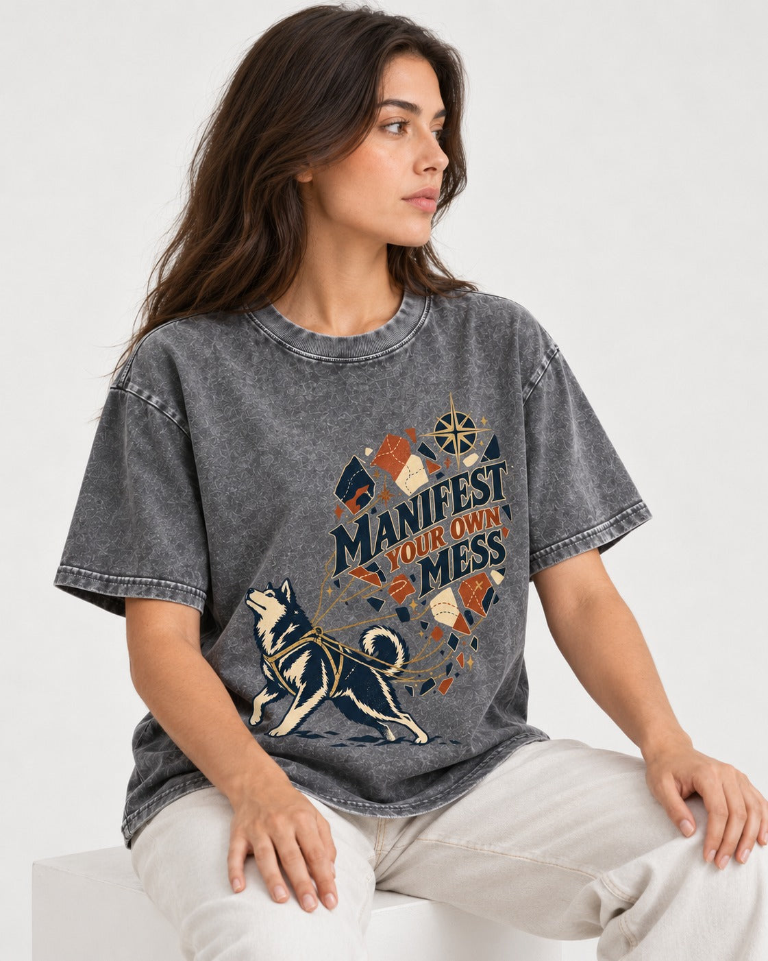 Husky Manifest Your Own Mess Washed Tee in Gray, worn by a seated model