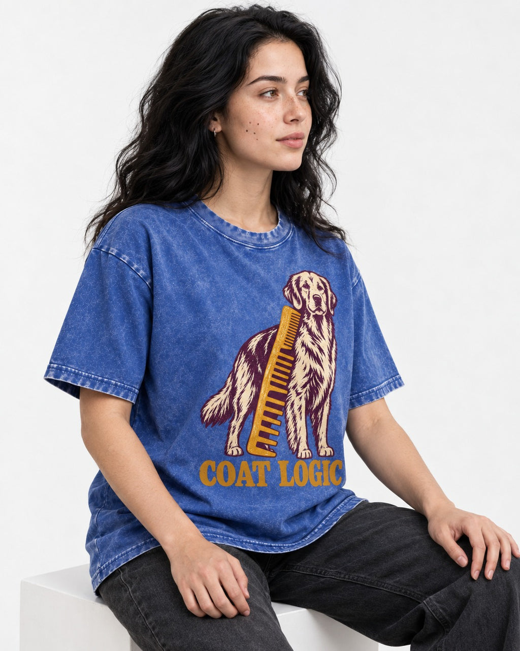 Golden Retriever Coat Logic Grooming Gauge Graphic Washed Tee in Royal Blue, worn by a seated model