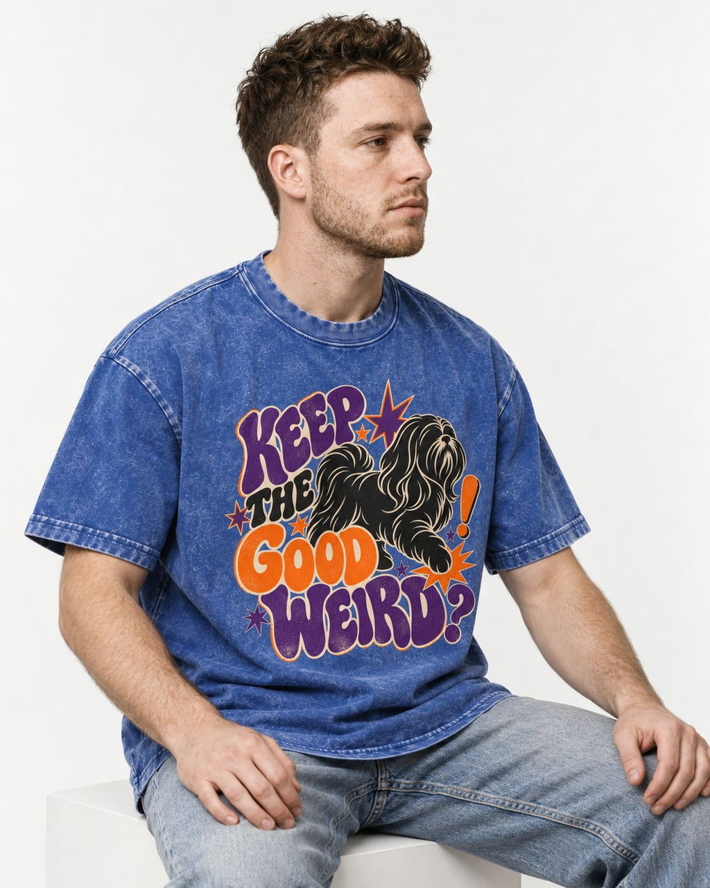 Shih Tzu Keep the Good Weird Retro Typography Graphic Washed Tee in Royal Blue, worn by a seated model