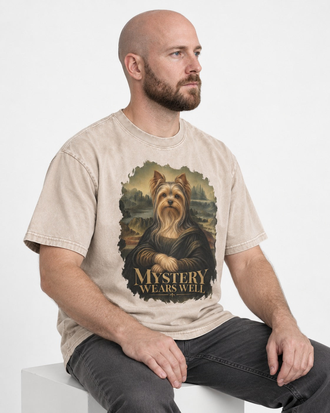 Yorkshire Terrier Mystery Wears Well Mona Lisa Portrait Graphic Washed Tee in Apricot, worn by a seated model