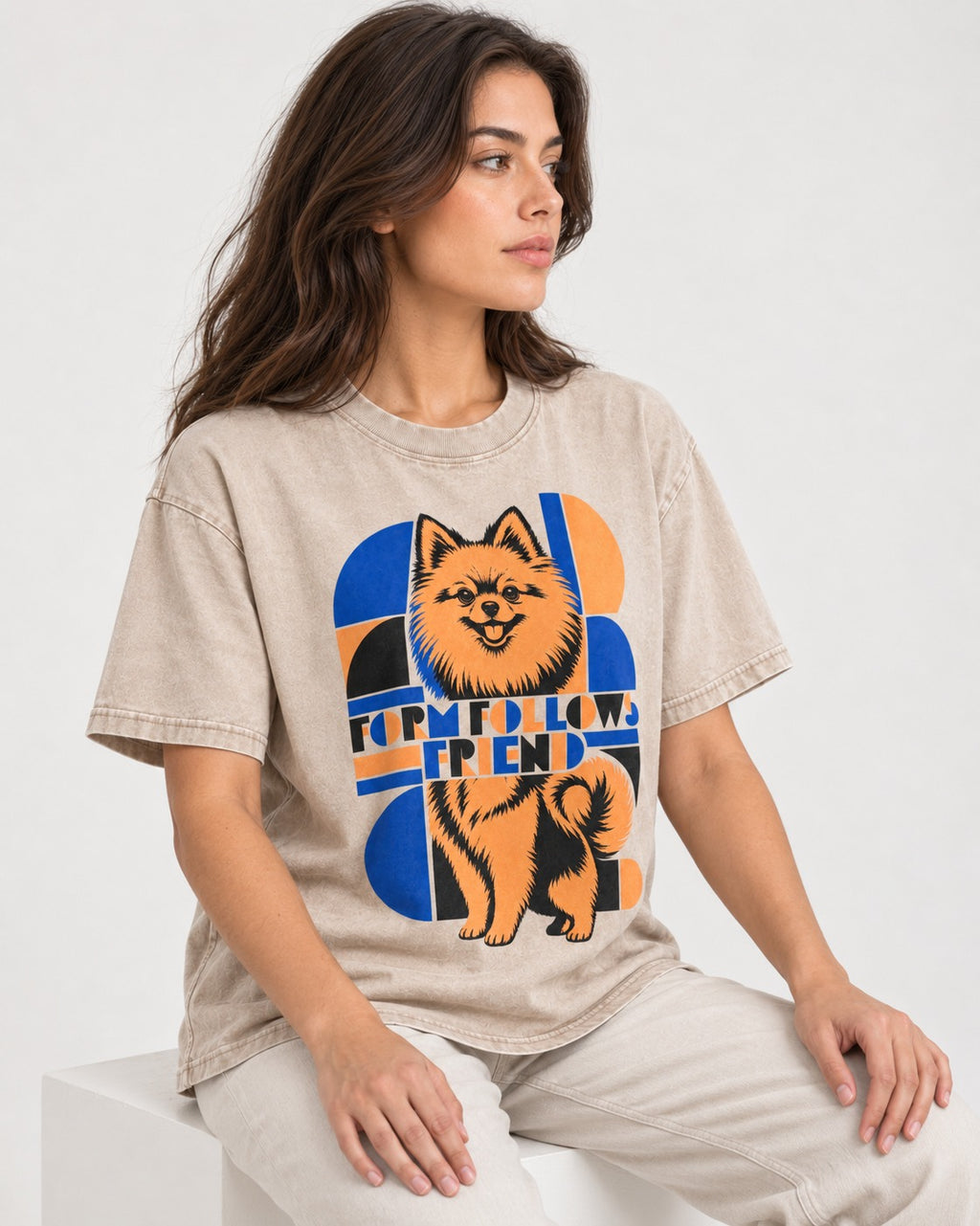 Form Follows Pomeranian Friend Washed Tee in Apricot, worn by a seated model