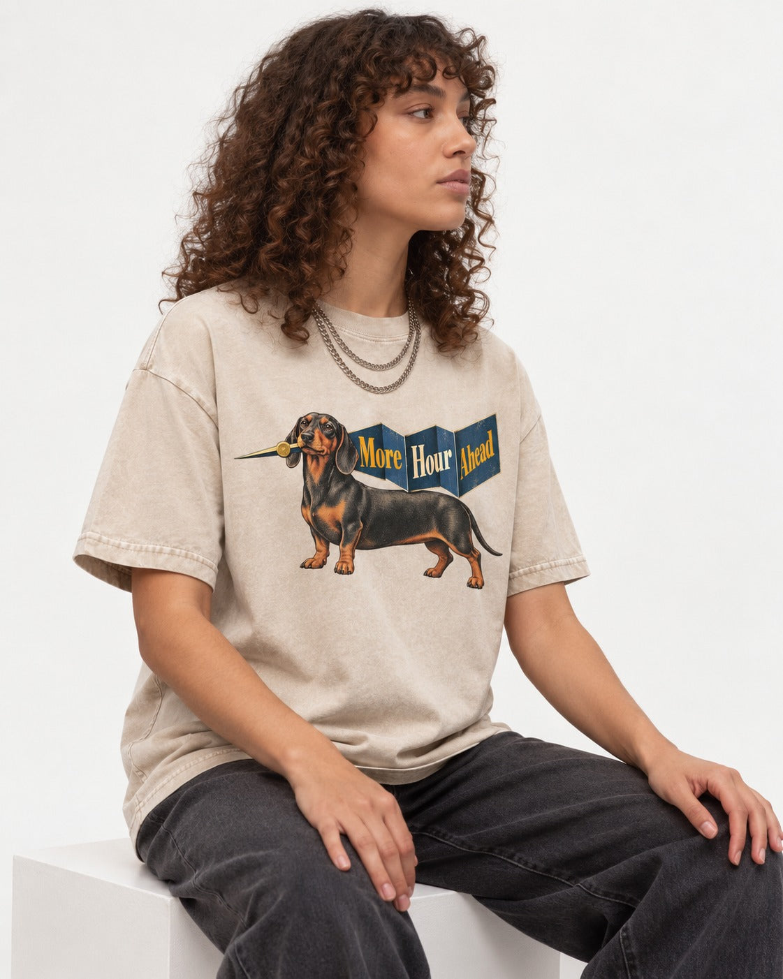 Dachshund More Hour Ahead Foldout Banner Graphic Washed Tee in Apricot, worn by a seated model