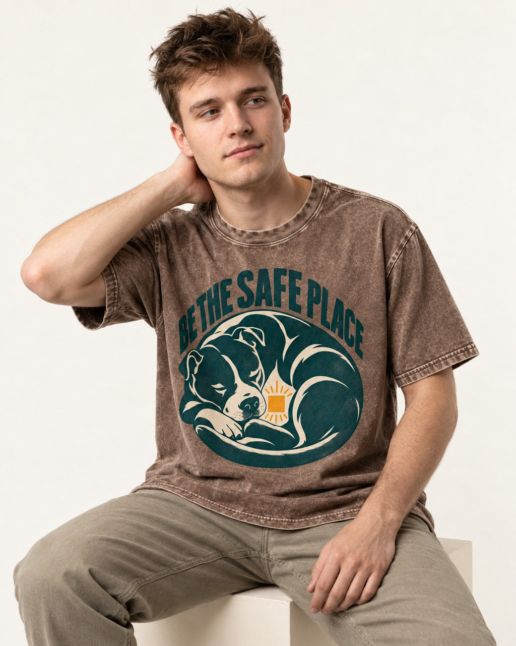 Pitbull Safe Place Washed Tee in Coffee, worn by a seated model