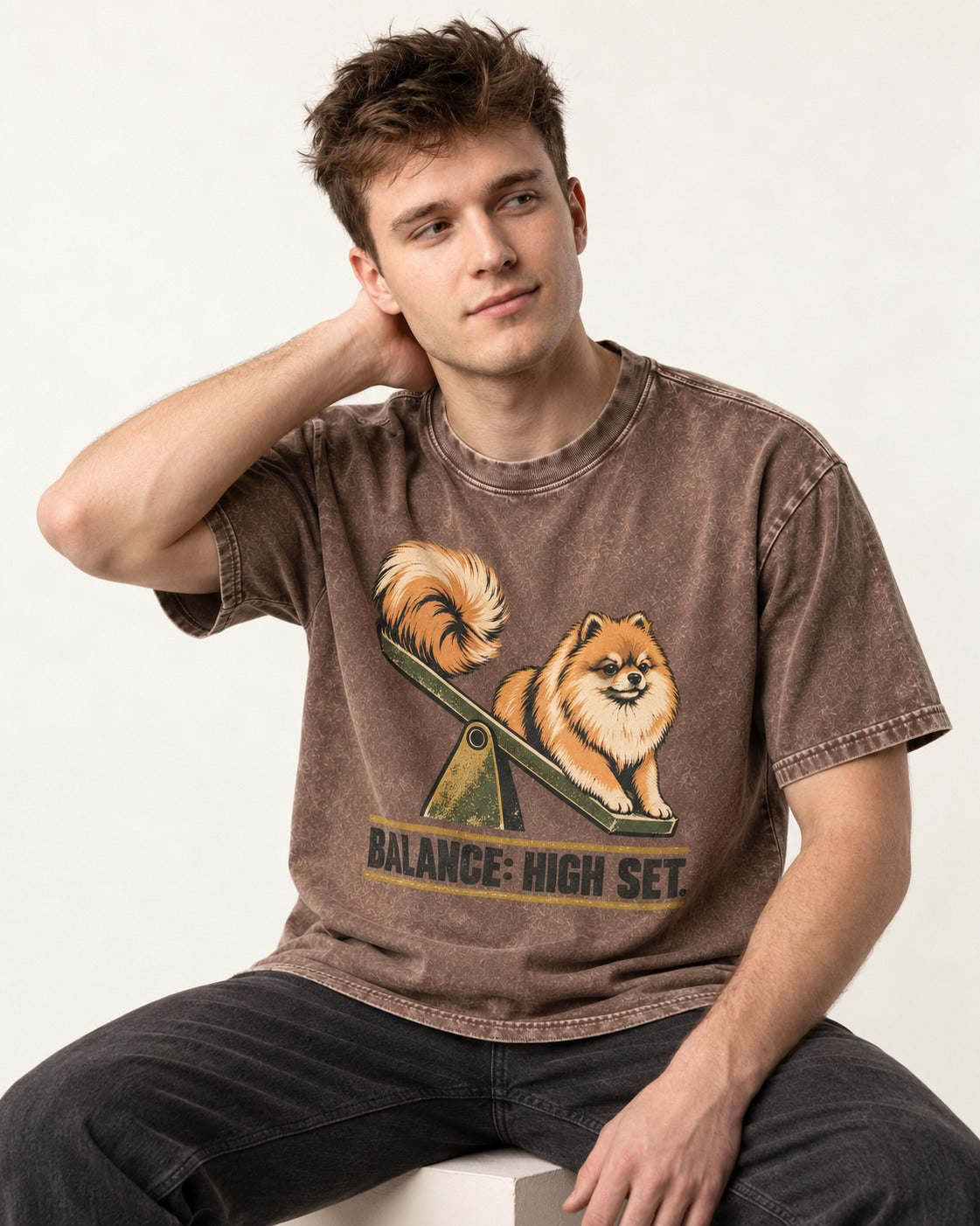 Pomeranian Balance High Set Washed Tee in Coffee, worn by a seated model