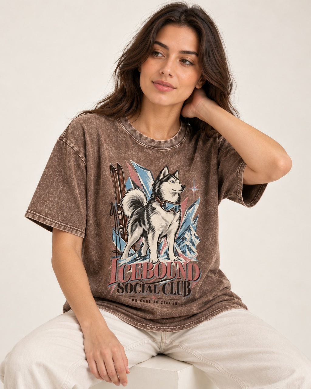 Icebound Husky Washed Tee in Coffee, worn by a seated model