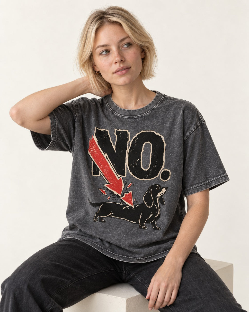 Dachshund Says No Washed Tee in Gray, worn by a seated model