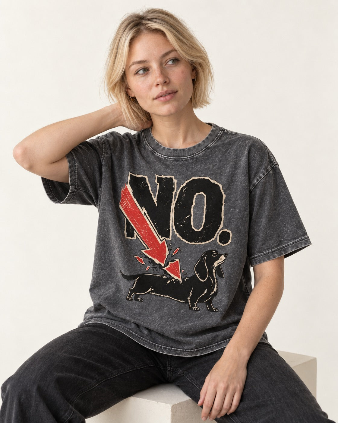 Dachshund Says No Washed Tee in Gray, worn by a seated model
