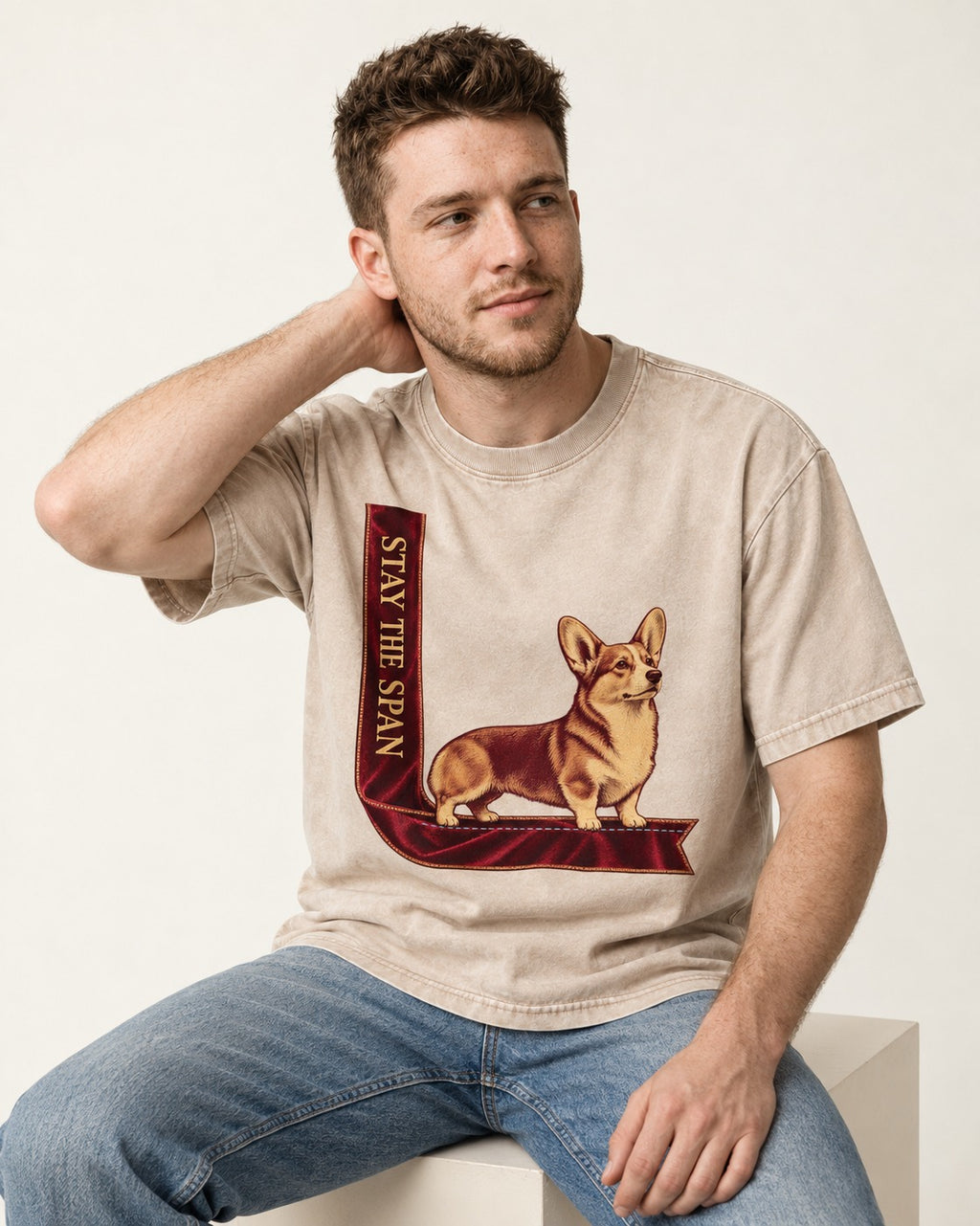 Corgi Stay the Span Ribbon Washed Tee in Apricot, worn by a seated model