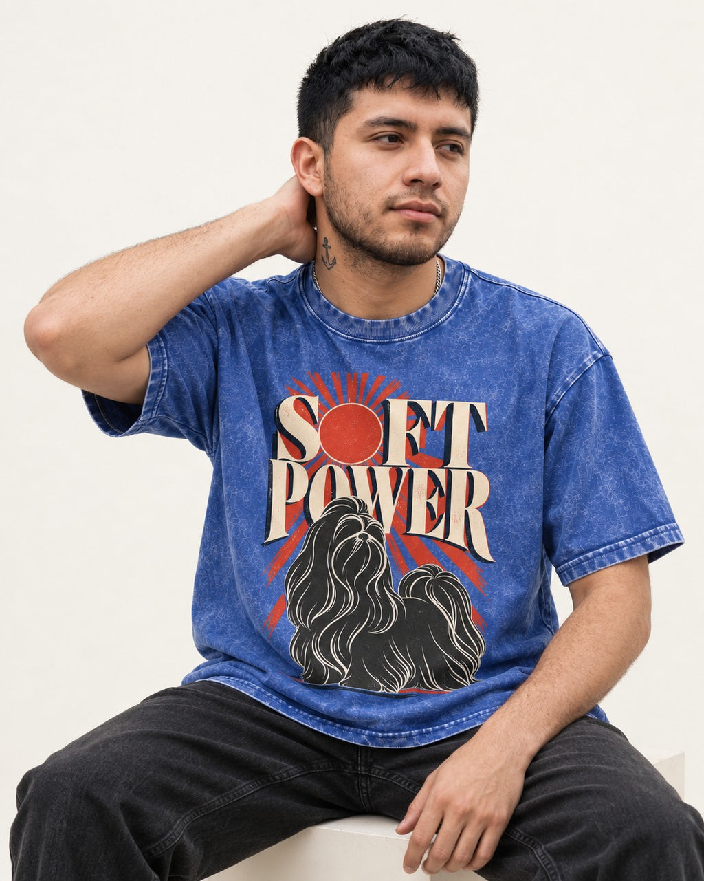 Shih Tzu Soft Power Sunburst Graphic Washed Tee in Royal Blue, worn by a seated model