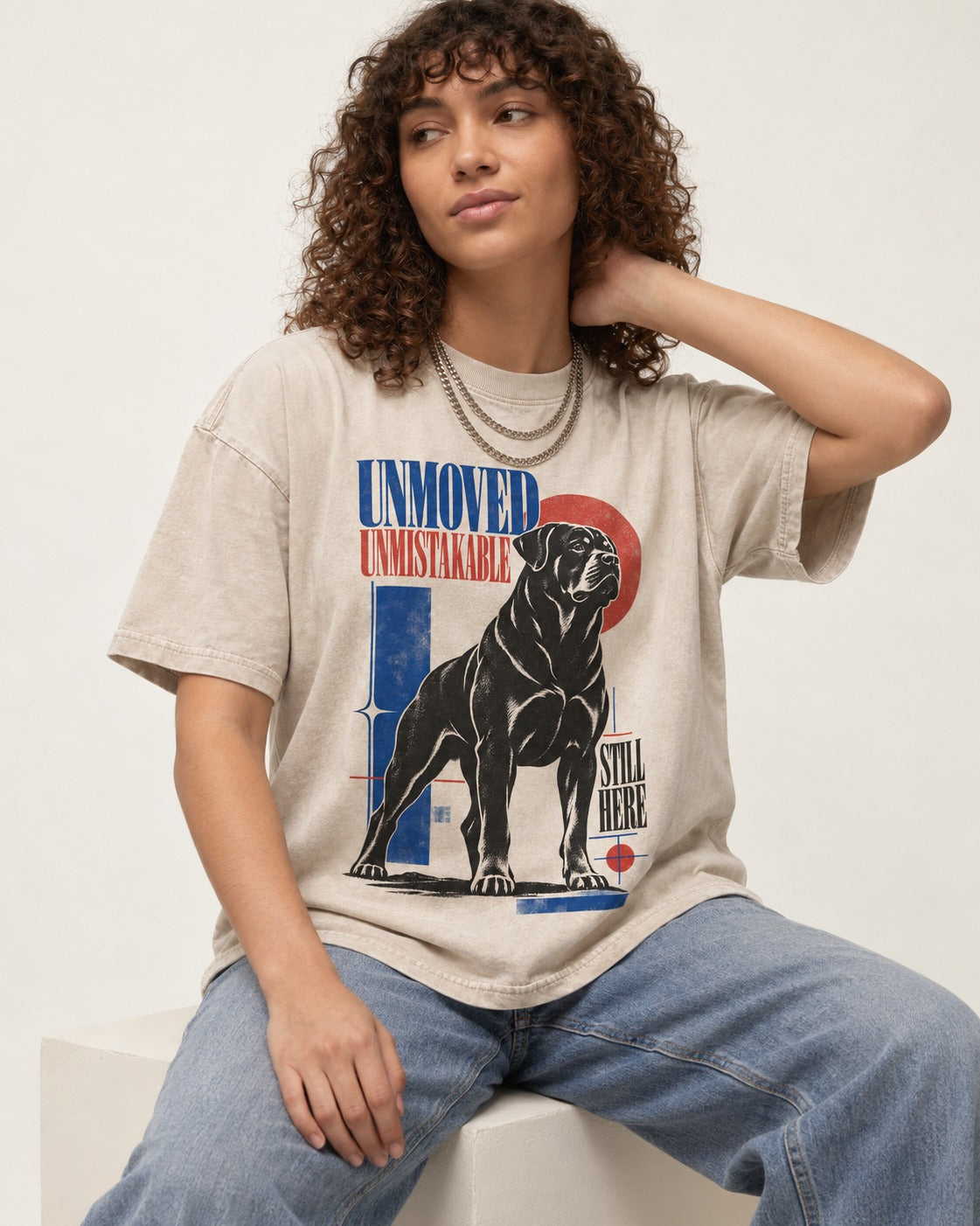Unmoved Unmistakable Rottweiler Washed Tee in Apricot, worn by a seated model
