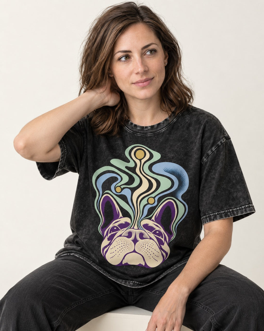 Frenchie Scent Cartography Vapor Route Graphic Washed Tee in Black, worn by a seated model