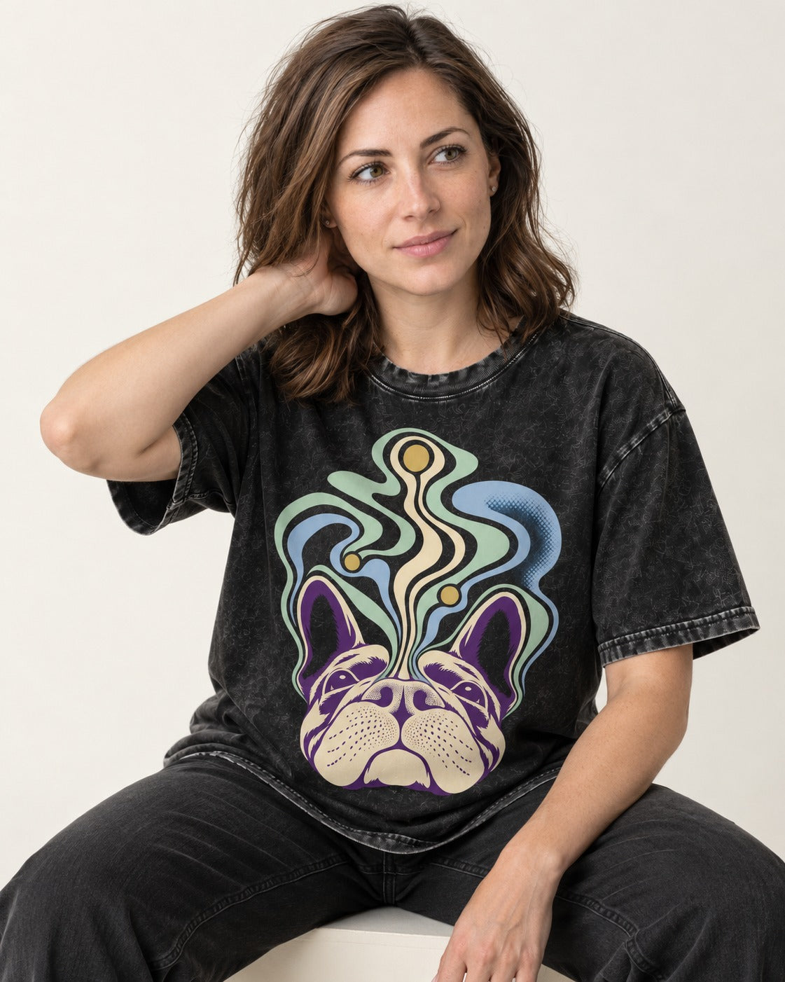 Frenchie Scent Cartography Vapor Route Graphic Washed Tee in Black, worn by a seated model