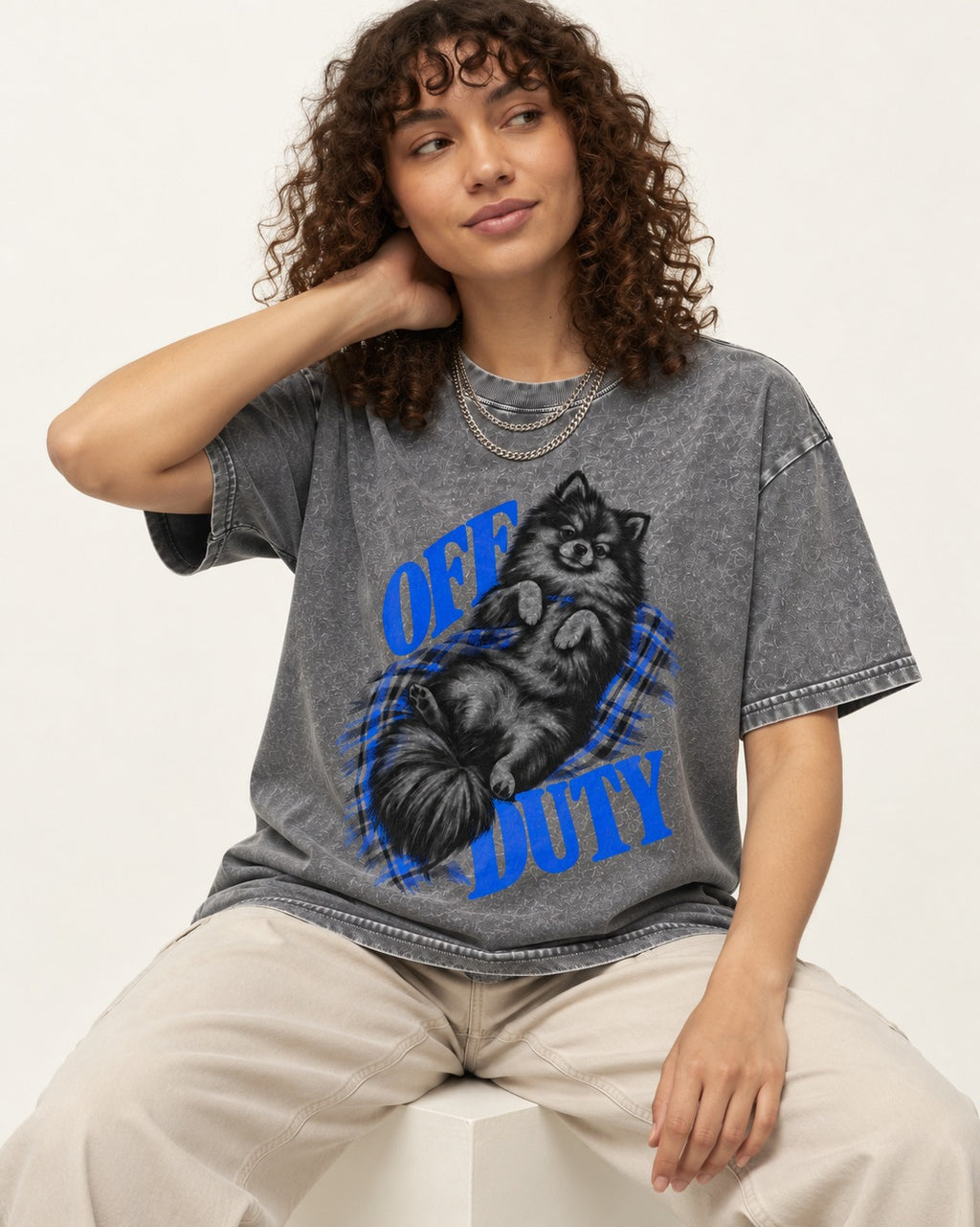 Off Duty Pomeranian Washed Tee in Gray, worn by a seated model