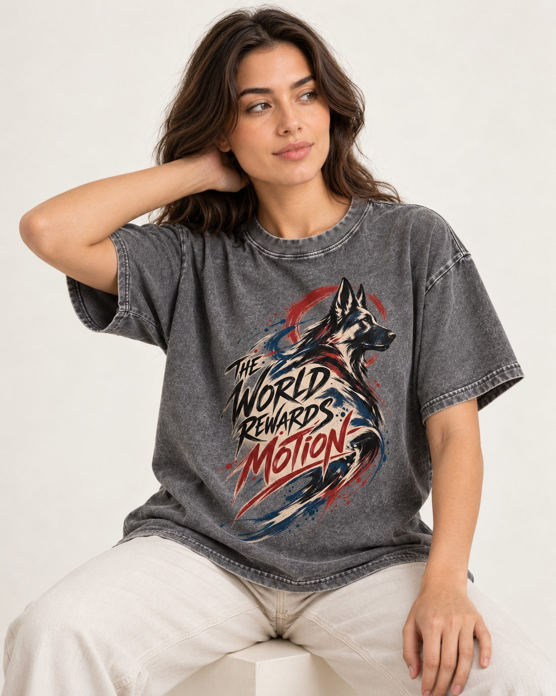 German Shepherd Dog The World Rewards Motion Washed Tee in Gray, worn by a seated model