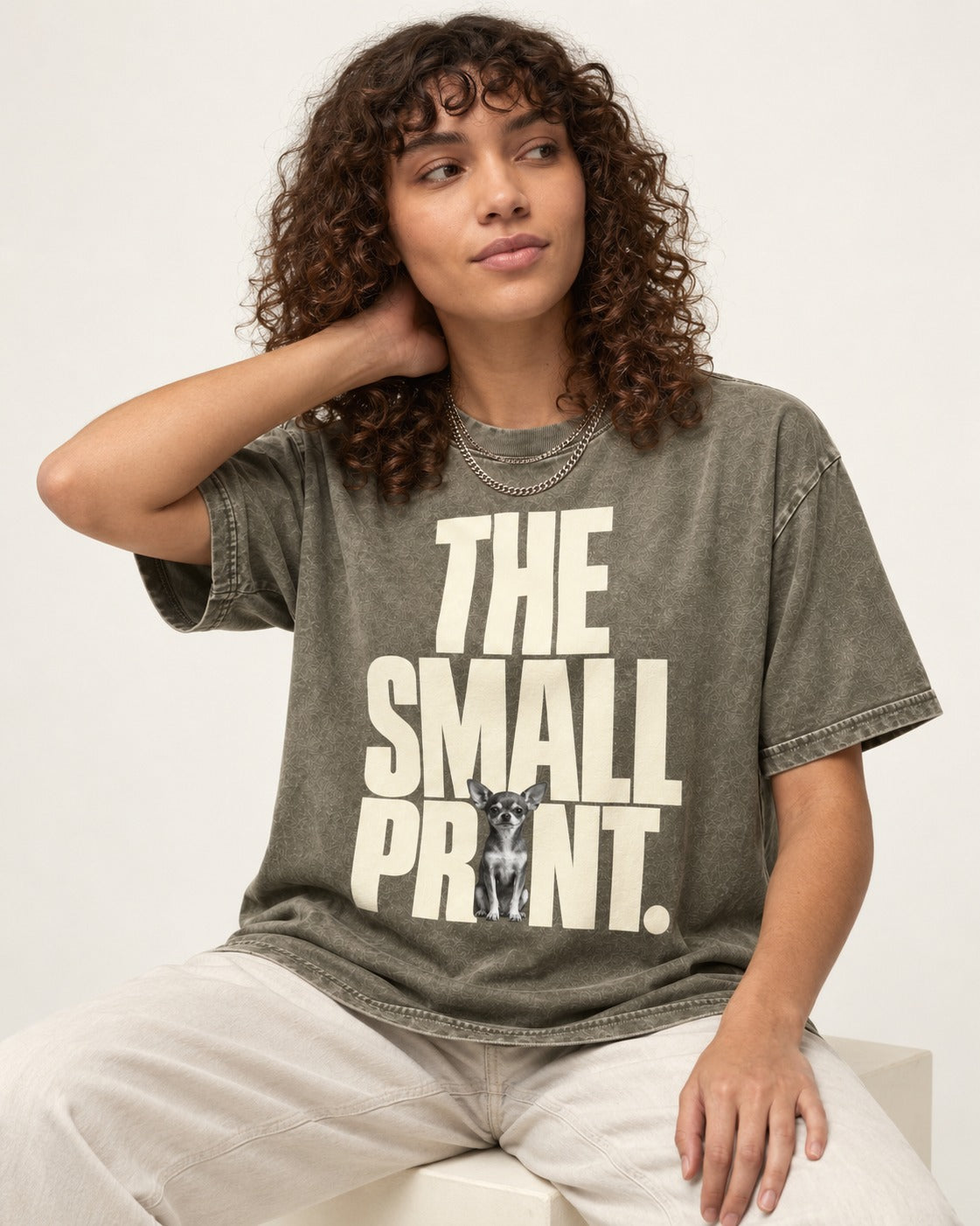 Chihuahua The Small Print Typographic Portrait Washed Tee in Army Green, worn by a seated model