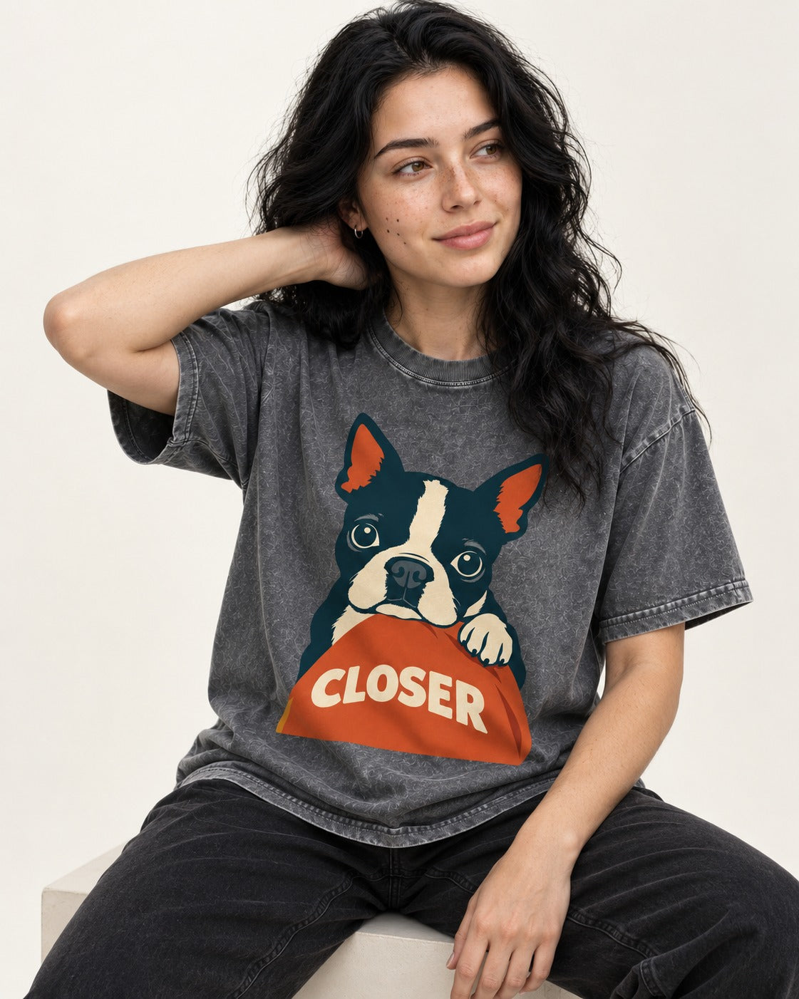 Come Closer Boston Terrier Washed Tee in Gray, worn by a seated model