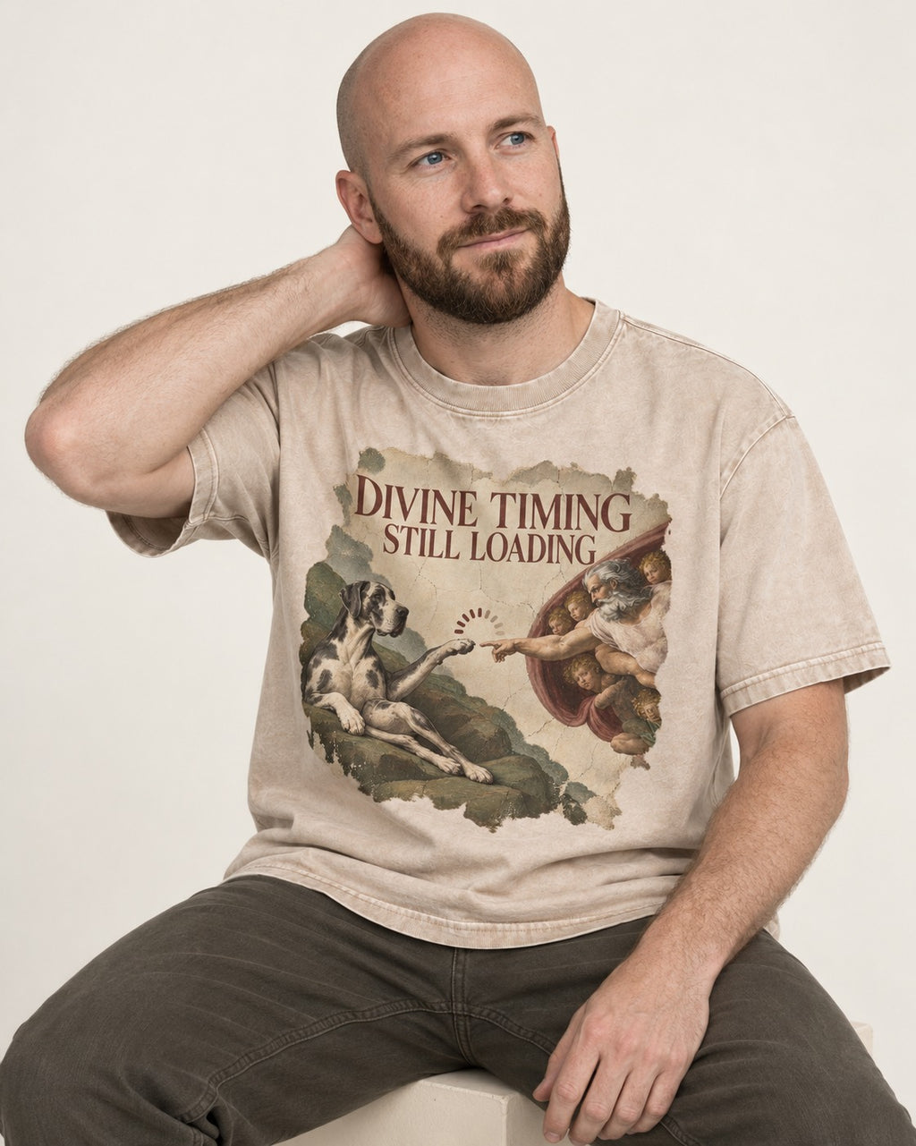 Great Dane Divine Timing Still Loading Washed Tee in Apricot, worn by a seated model