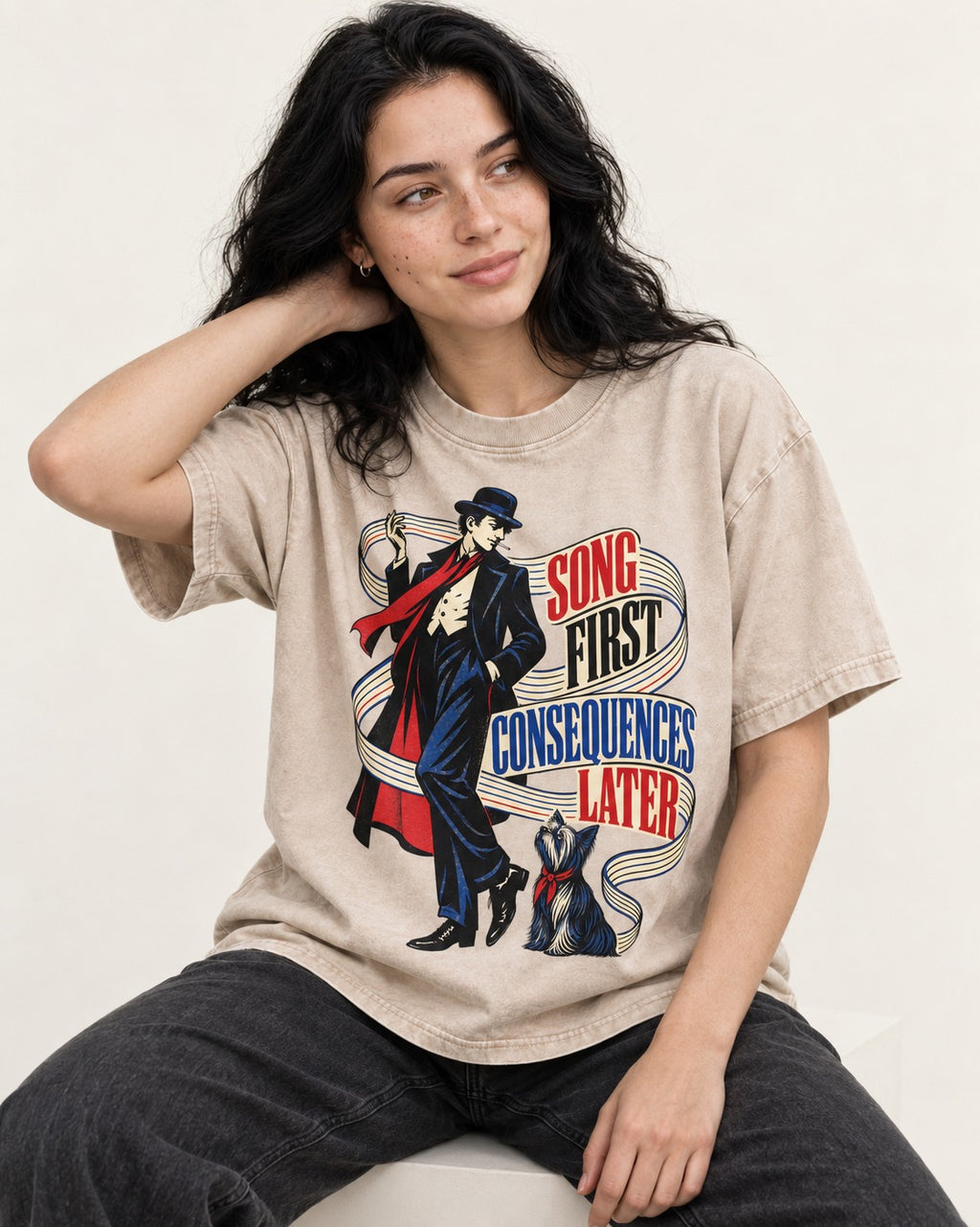 Yorkshire Terrier Song First Consequences Later Washed Tee in Apricot, worn by a seated model