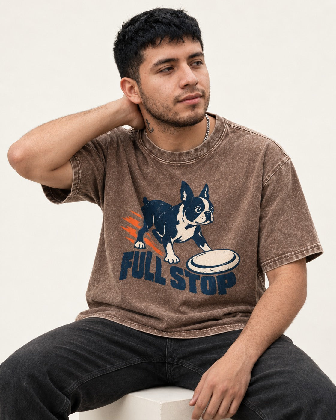 Boston Terrier Full Stop Washed Tee in Coffee, worn by a seated model