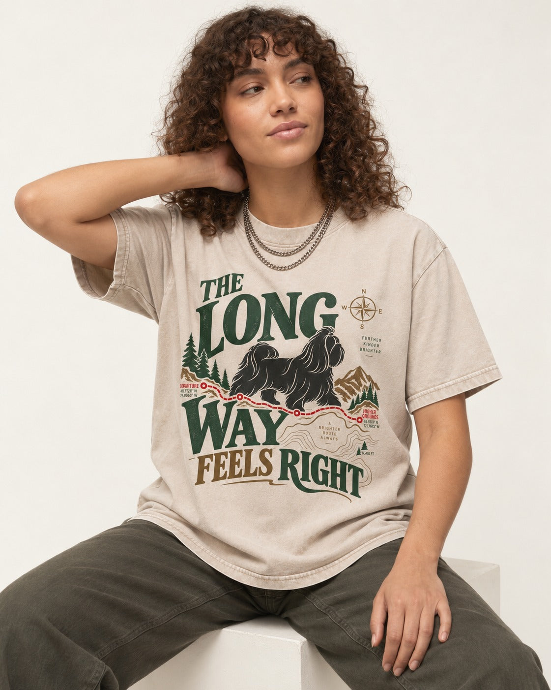 Shih Tzu Takes the Long Way Washed Tee in Apricot, worn by a seated model