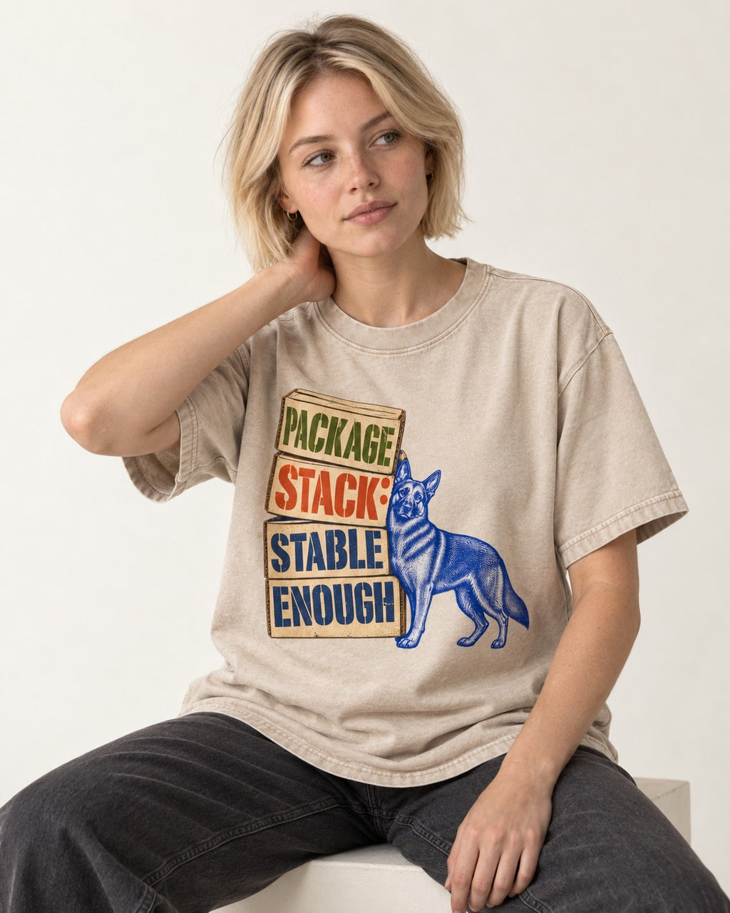 Package Stack Stable Enough German Shepherd Dog Washed Tee in Apricot, worn by a seated model