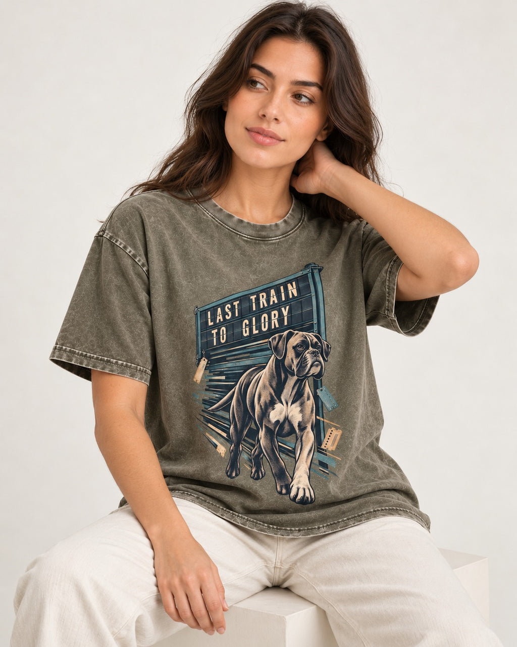 Last Train to Glory Boxer Washed Tee in Army Green, worn by a seated model