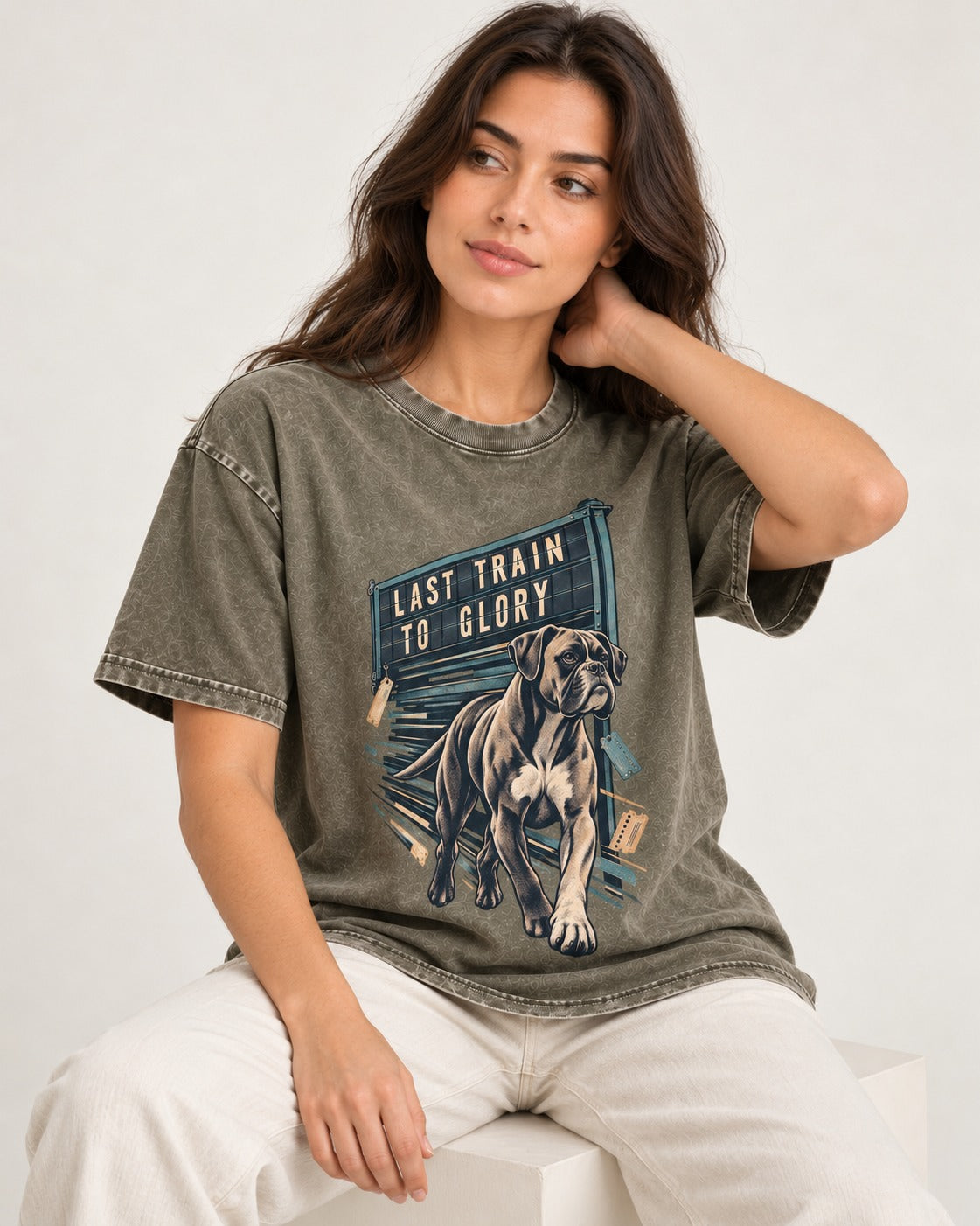 Last Train to Glory Boxer Washed Tee in Army Green, worn by a seated model