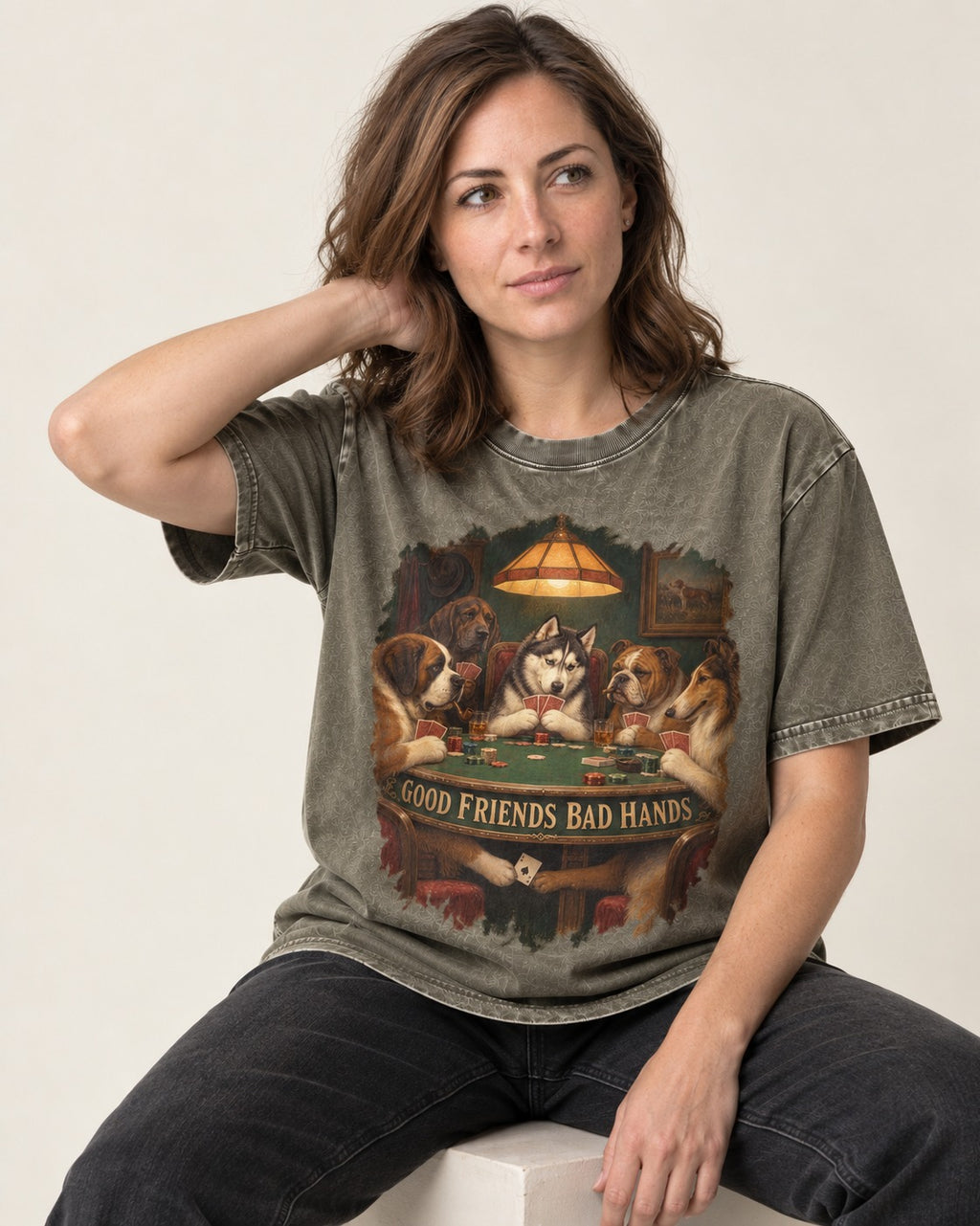 Husky Good Friends Bad Hands Poker Night Graphic Washed Tee in Army Green, worn by a seated model