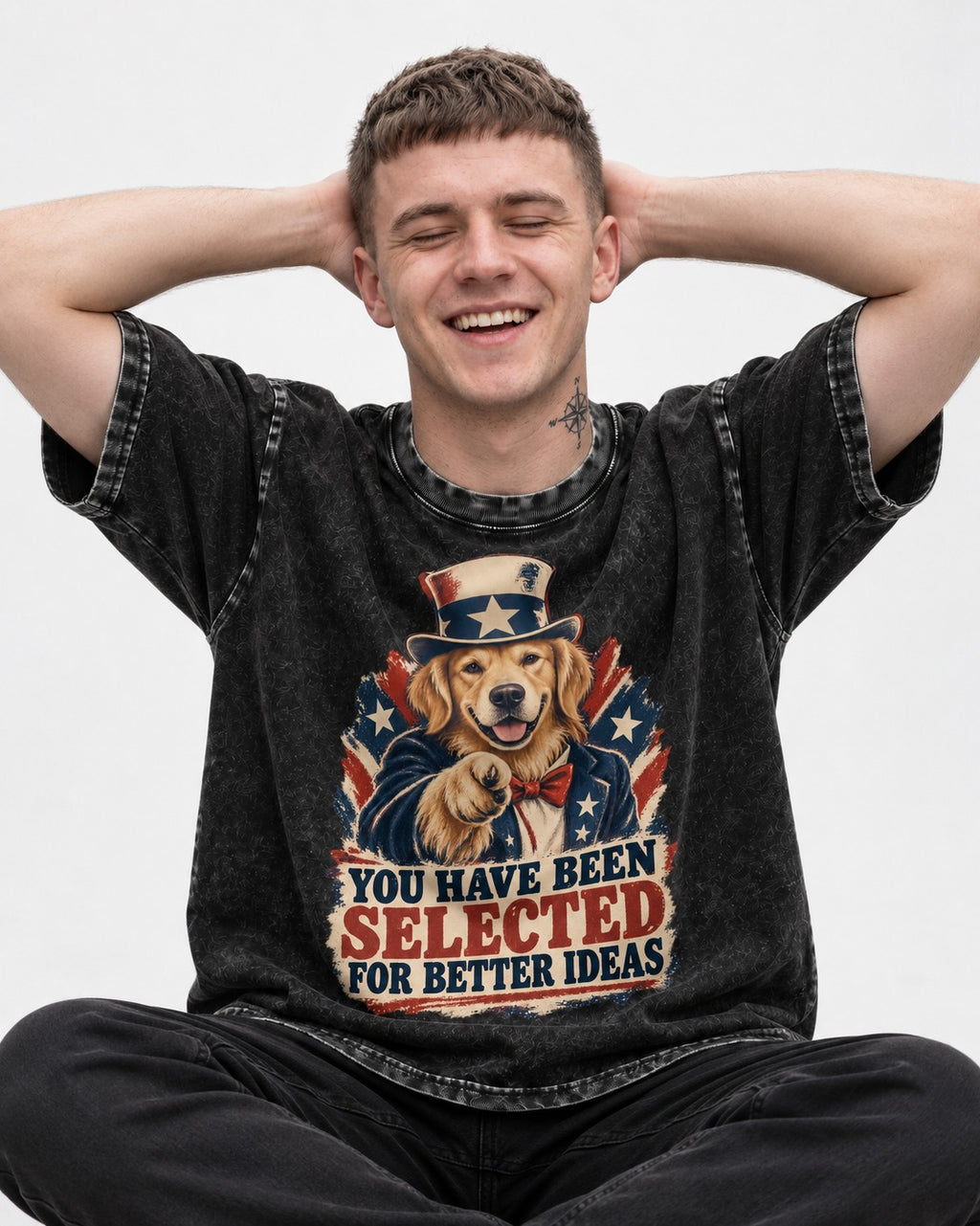 You Have Been Selected for Better Ideas Uncle Sam Golden Retriever Graphic Washed Tee in Black, worn by a seated model