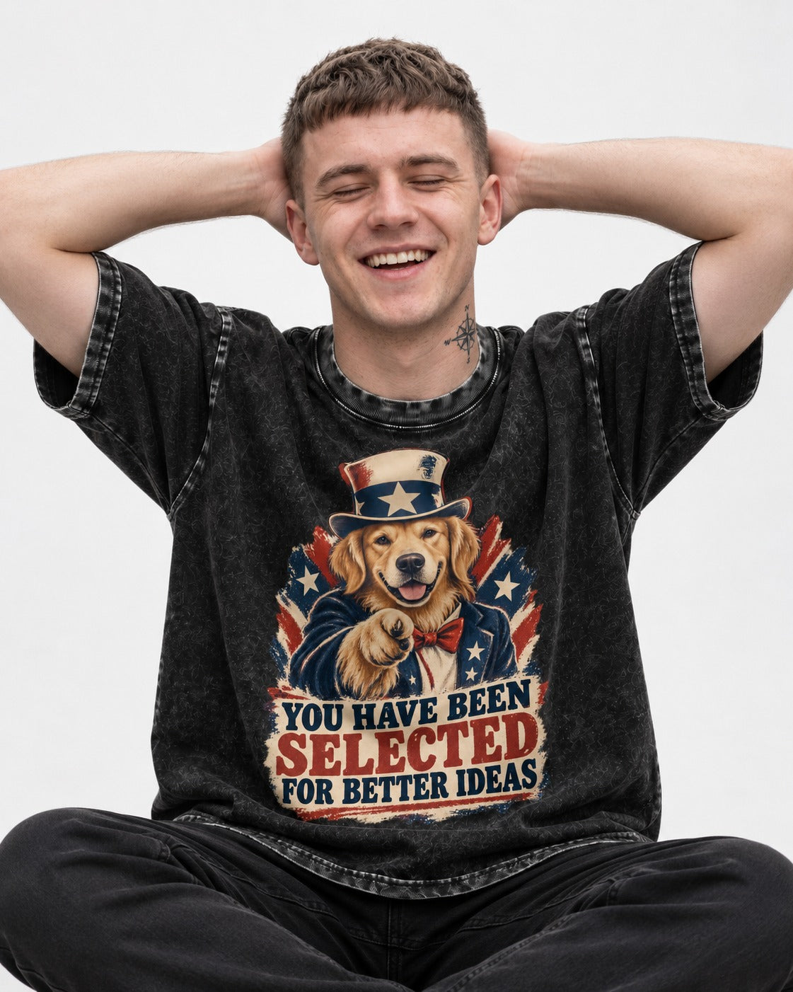 You Have Been Selected for Better Ideas Uncle Sam Golden Retriever Graphic Washed Tee in Black, worn by a seated model
