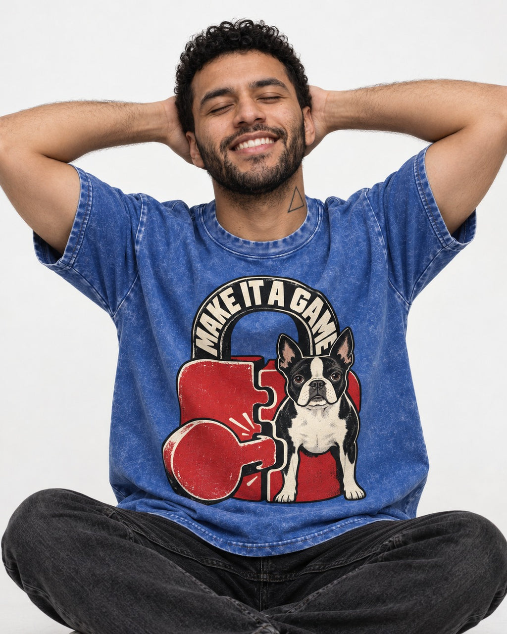 Boston Terrier Make It a Game Washed Tee in Royal Blue, worn by a seated model