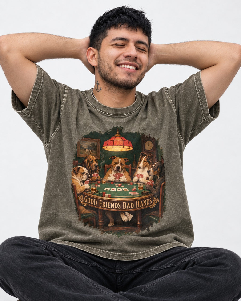 Pitbull Good Friends Bad Hands Poker Night Graphic Washed Tee in Army Green, worn by a seated model