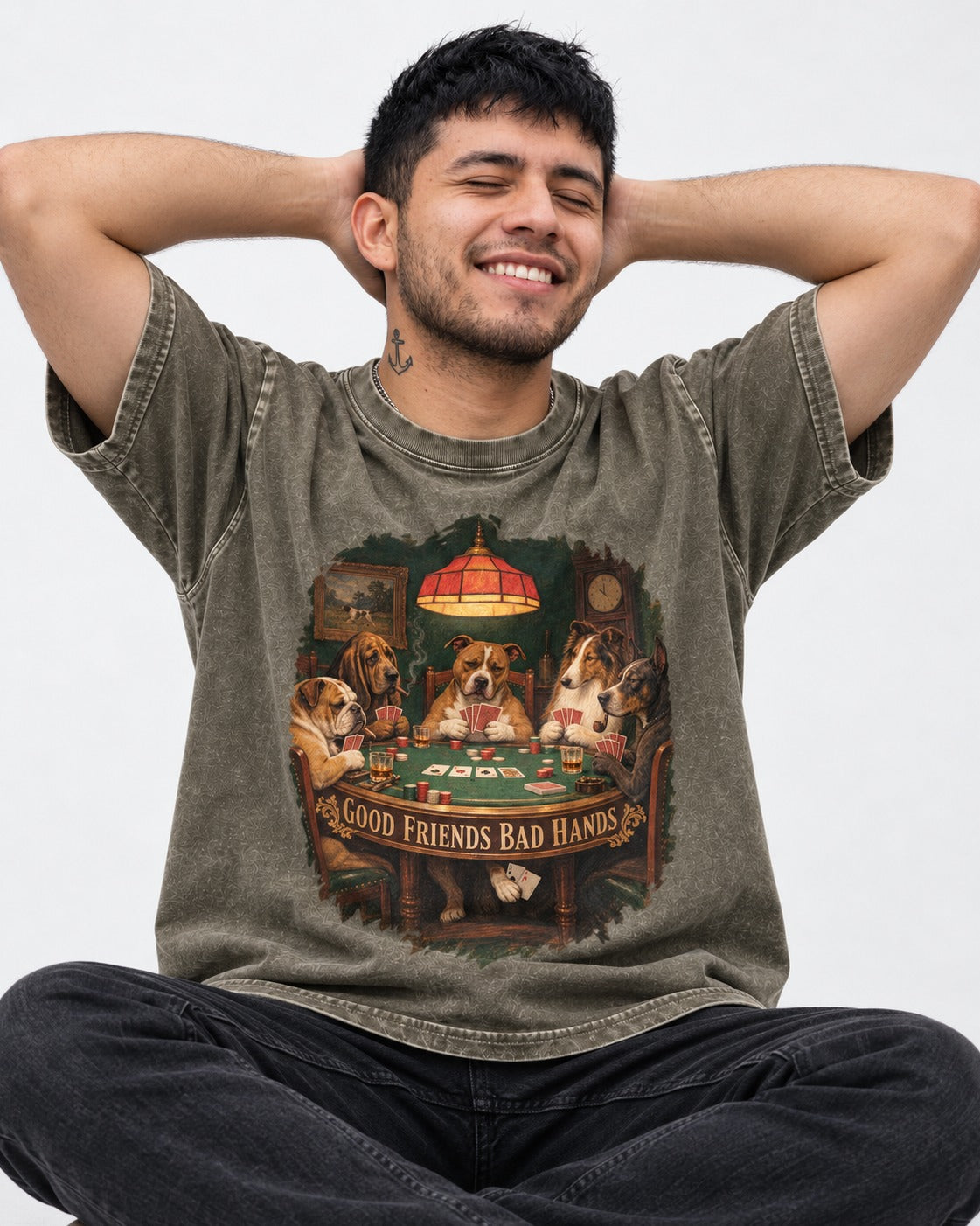 Pitbull Good Friends Bad Hands Poker Night Graphic Washed Tee in Army Green, worn by a seated model