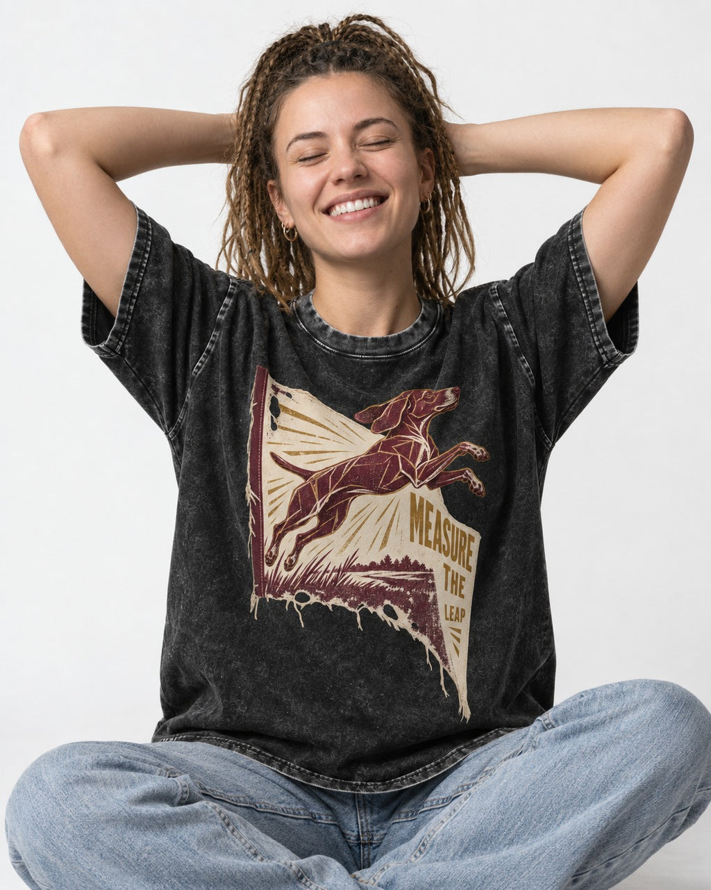 German Shorthaired Pointer Measure the Leap Torn Banner Graphic Washed Tee in Black, worn by a seated model