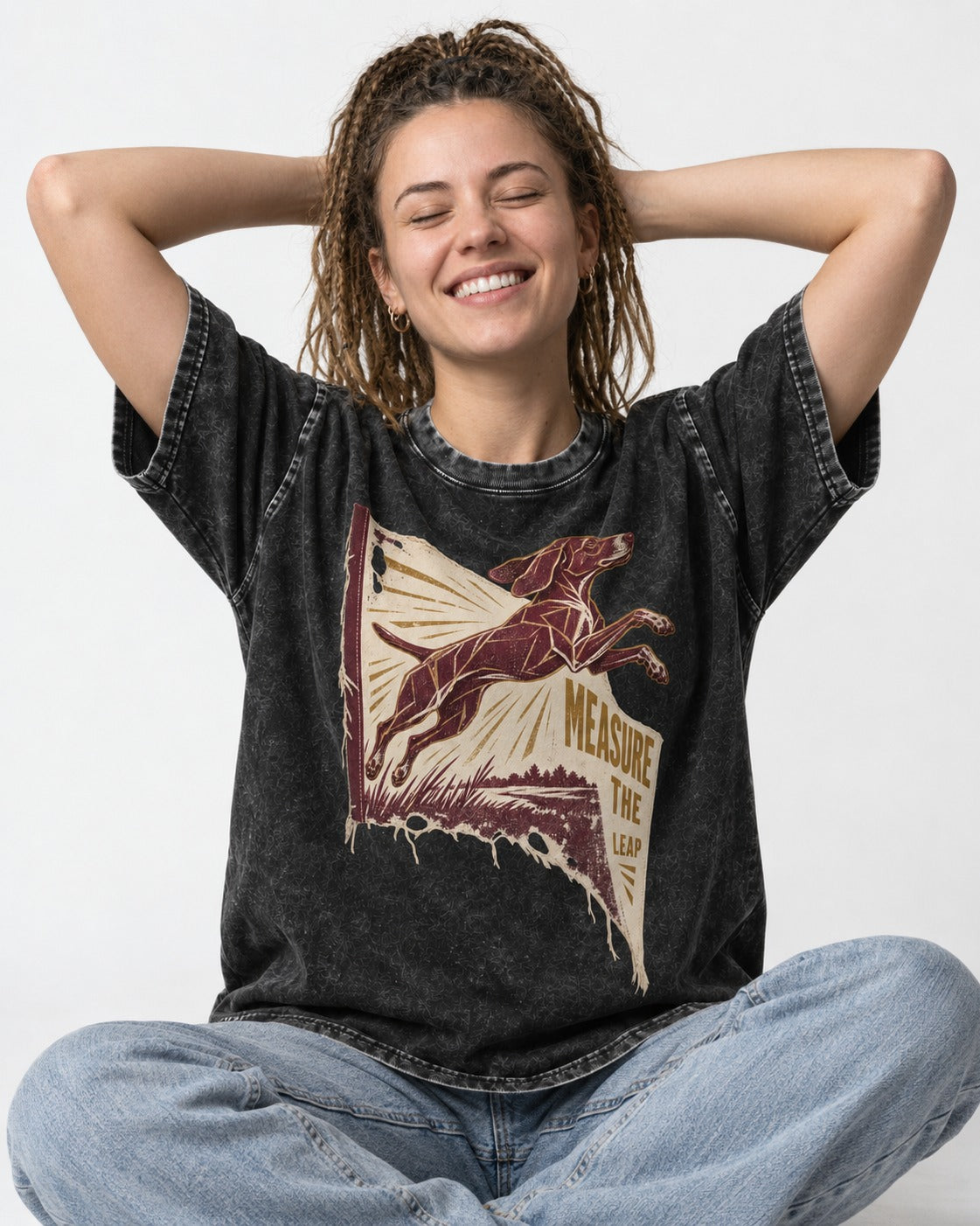 German Shorthaired Pointer Measure the Leap Torn Banner Graphic Washed Tee in Black, worn by a seated model