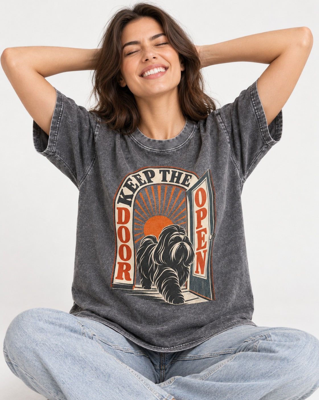 Shih Tzu Keep the Door Open Retro Doorway Graphic Washed Tee in Gray, worn by a seated model