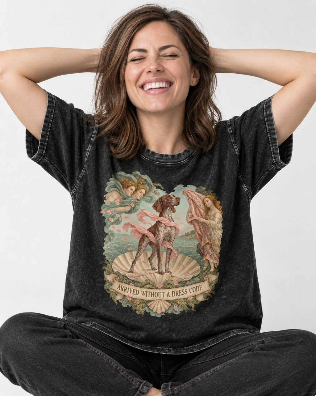 German Shorthaired Pointer Arrived Without A Dress Code Birth Of Venus Graphic Washed Tee in Black, worn by a seated model