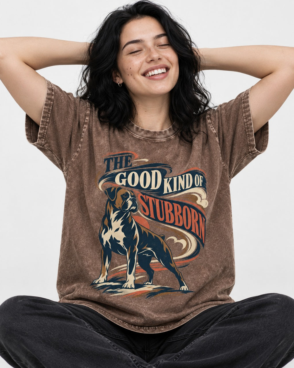 Boxer The Good Kind of Stubborn Washed Tee in Coffee, worn by a seated model